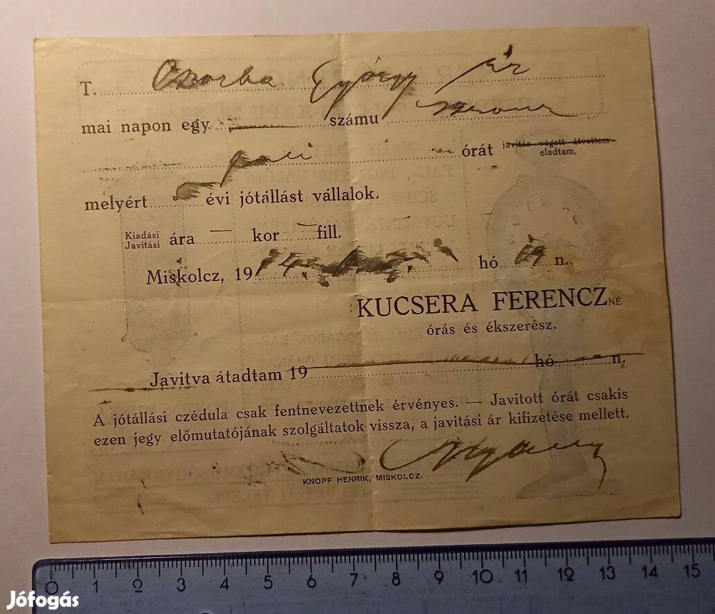 1900-as évek elejéről irat (Kucsera Ferencz[né] Miskolcz